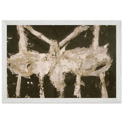 Min-Oe by Cy Twombly framed art print; featuring bold black and deep olive tones contrasted with expressive ivory and cream forms; size 30 × 45 cm (12 × 18 in); white frame.