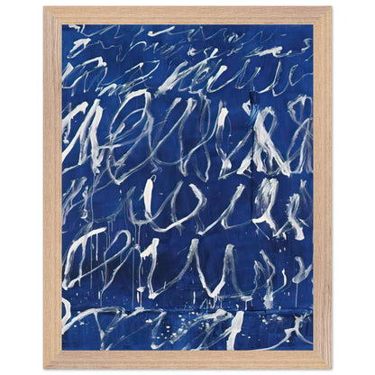 Untitled by Cy Twombly, framed art print, deep blue ground covered with energetic white brushstrokes, looping, 27x35 cm (11x14 in), wood frame