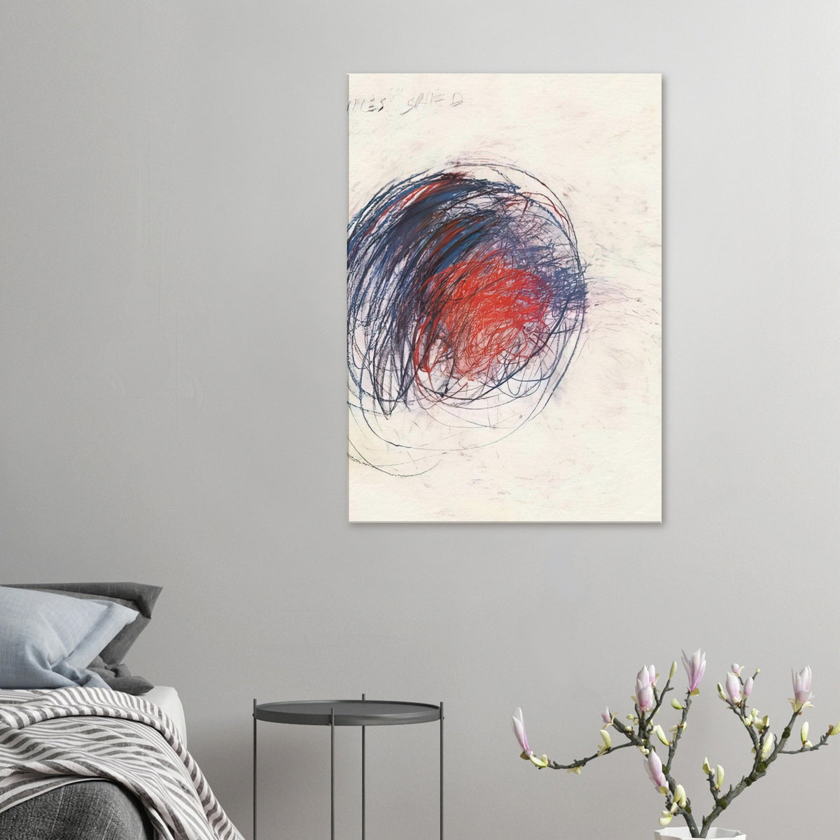 Fifty Days at Iliam: Shield of Achilles by Cy Twombly, canvas print; intricate black lines, expressive red strokes, deep blue accents