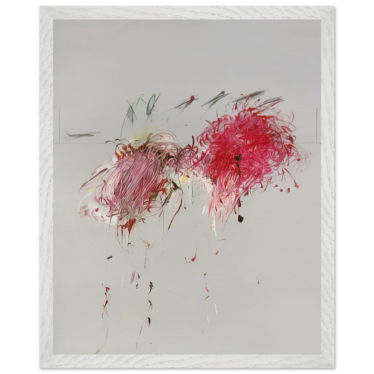 Nicola's Irises by Cy Twombly, framed art print, 27x35 cm / 11x14″, Black frame; sweeping red and crimson brushstrokes, delicate pink accents, cool blue details