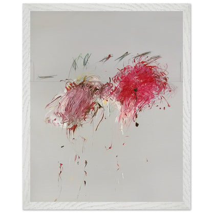 Nicola's Irises by Cy Twombly, framed art print, 27x35 cm / 11x14″, Black frame; sweeping red and crimson brushstrokes, delicate pink accents, cool blue details