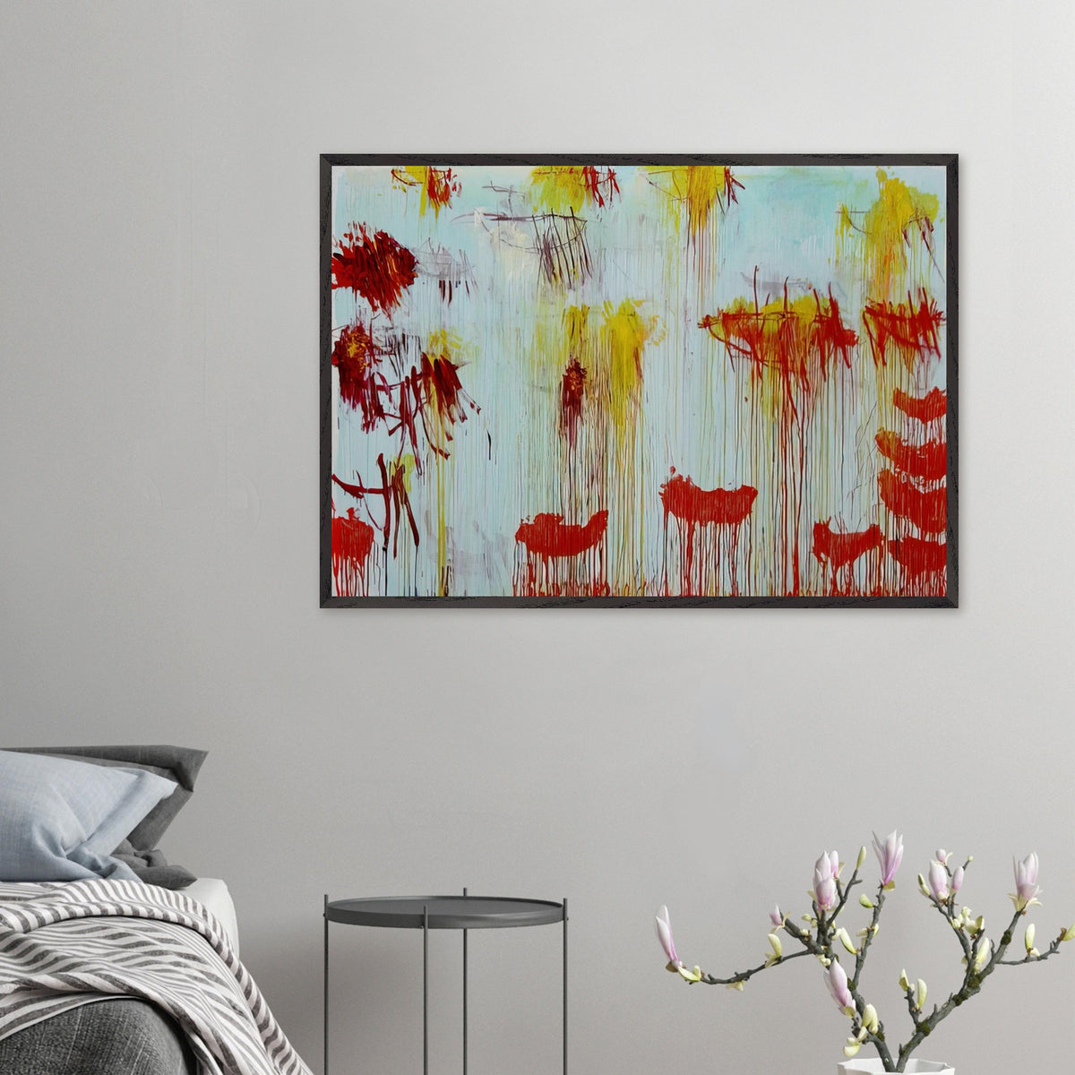 Lepanto, Part XI by Cy Twombly framed art print; featuring a luminous turquoise and pale blue background with vibrant golden-yellow brushstrokes.