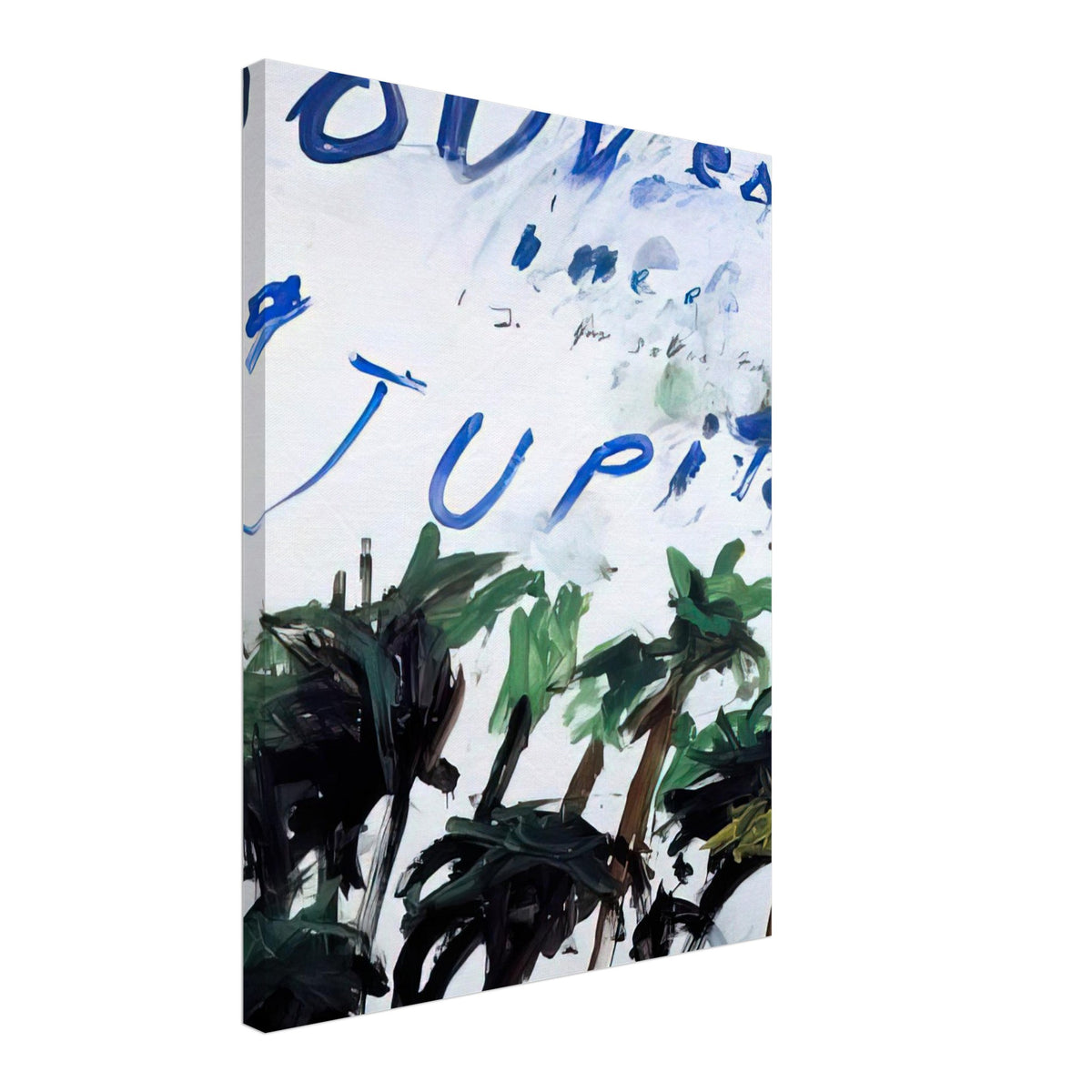 Souvenir of Jupiter by Cy Twombly, canvas print, bold blue handwritten lettering with sweeping green, black, 50x70 cm (20x28 in)