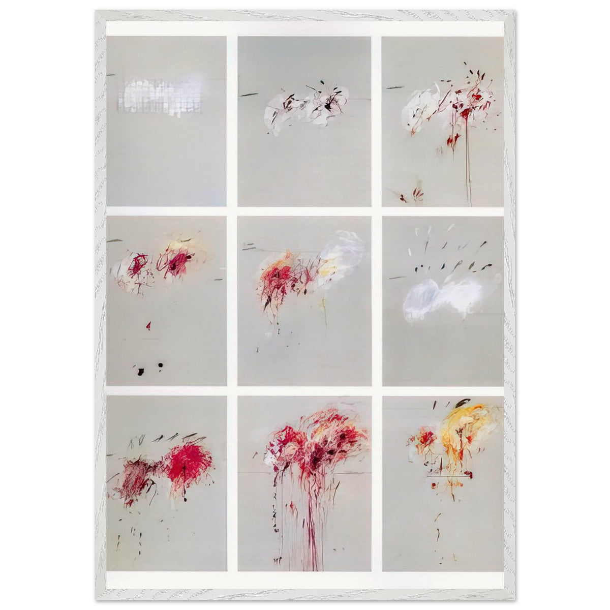 Nine Discourses on Commodus by Cy Twombly, framed art print, nine individual panels distinguished by muted gray backgrounds, 70x100 cm (28x40 in), wood frame