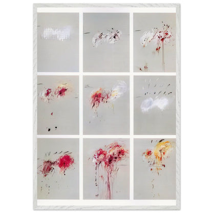 Nine Discourses on Commodus by Cy Twombly, framed art print, nine individual panels distinguished by muted gray backgrounds, 70x100 cm (28x40 in), wood frame