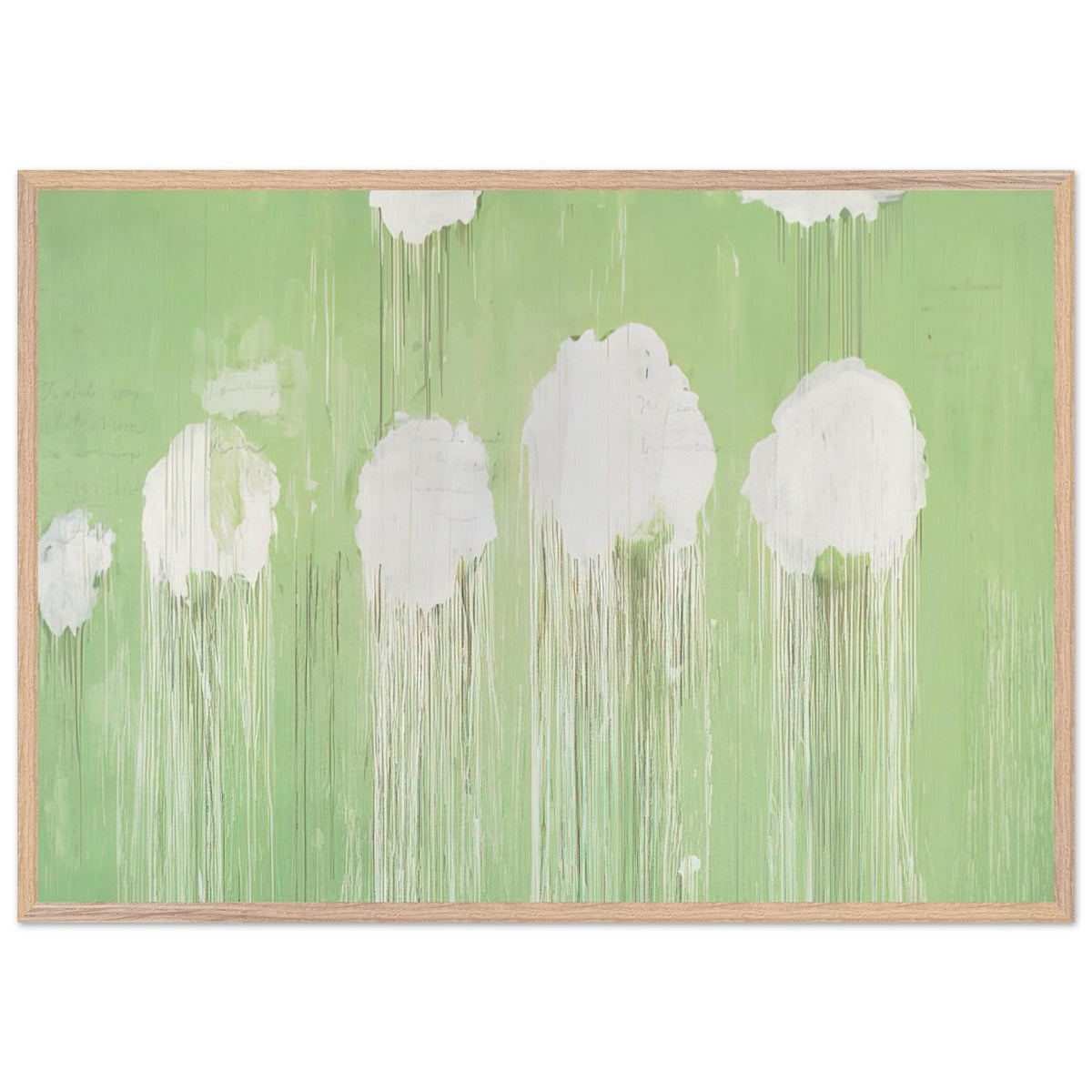 Untitled (Peony Blossom Painting) by Cy Twombly framed art print; featuring delicate white peony blossoms against a soft, luminous green background; size A1 (59.4 × 84.1 cm); black frame.