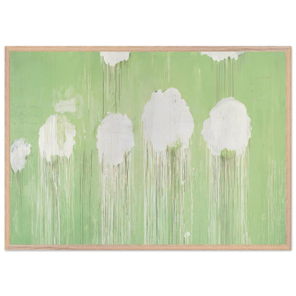 Untitled (Peony Blossom Painting) by Cy Twombly framed art print; featuring delicate white peony blossoms against a soft, luminous green background; size A1 (59.4 × 84.1 cm); black frame.
