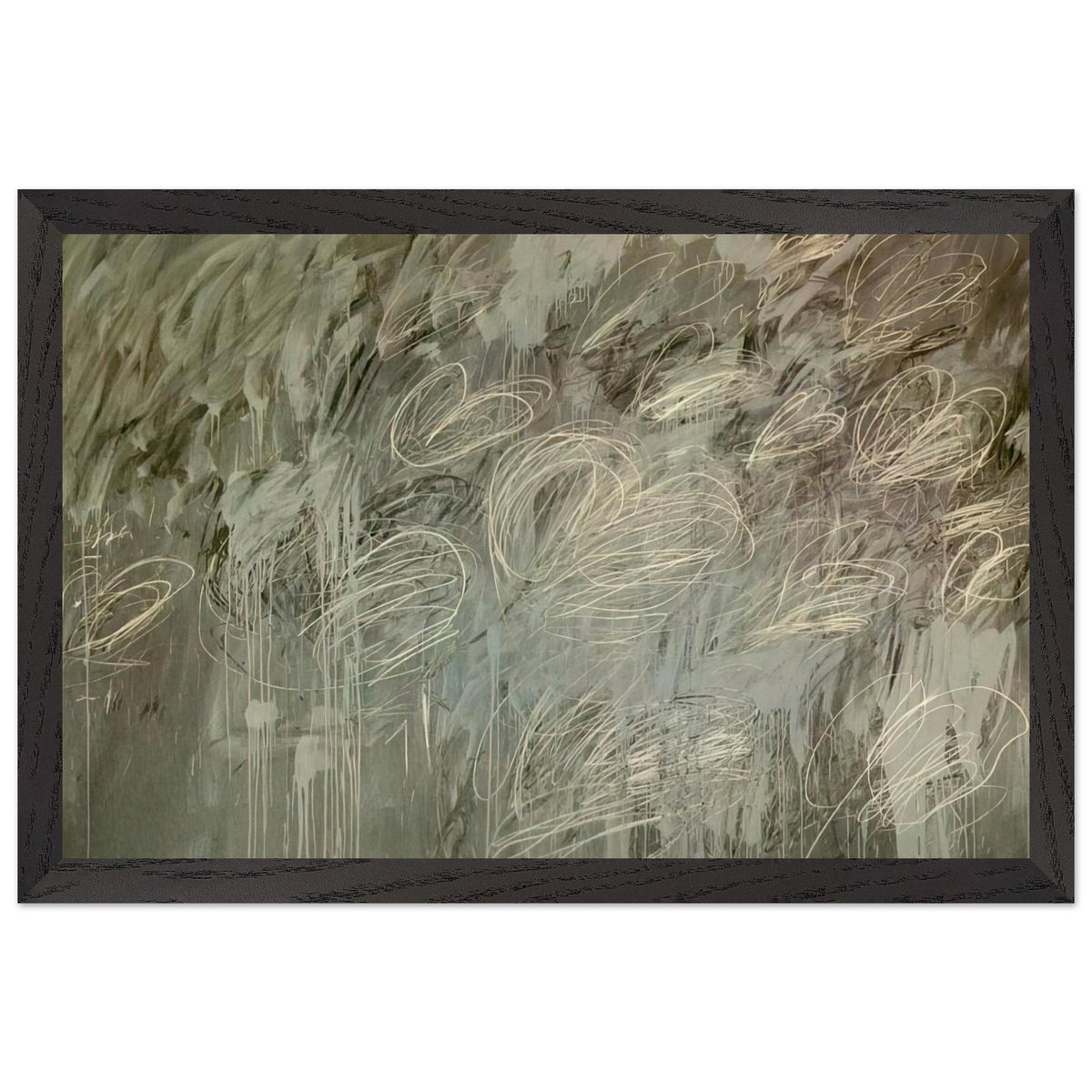 III Notes from Salalah (Note II) by Cy Twombly framed art print; featuring intricate ivory and pale gray looping lines across a richly layered background of muted olive green, gray; size 28 × 43 cm (11 × 17 in); white frame.