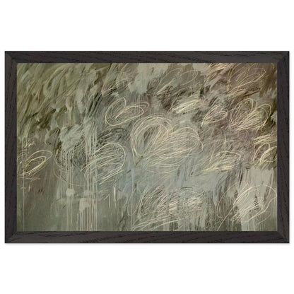 III Notes from Salalah (Note II) by Cy Twombly framed art print; featuring intricate ivory and pale gray looping lines across a richly layered background of muted olive green, gray; size 28 × 43 cm (11 × 17 in); white frame.