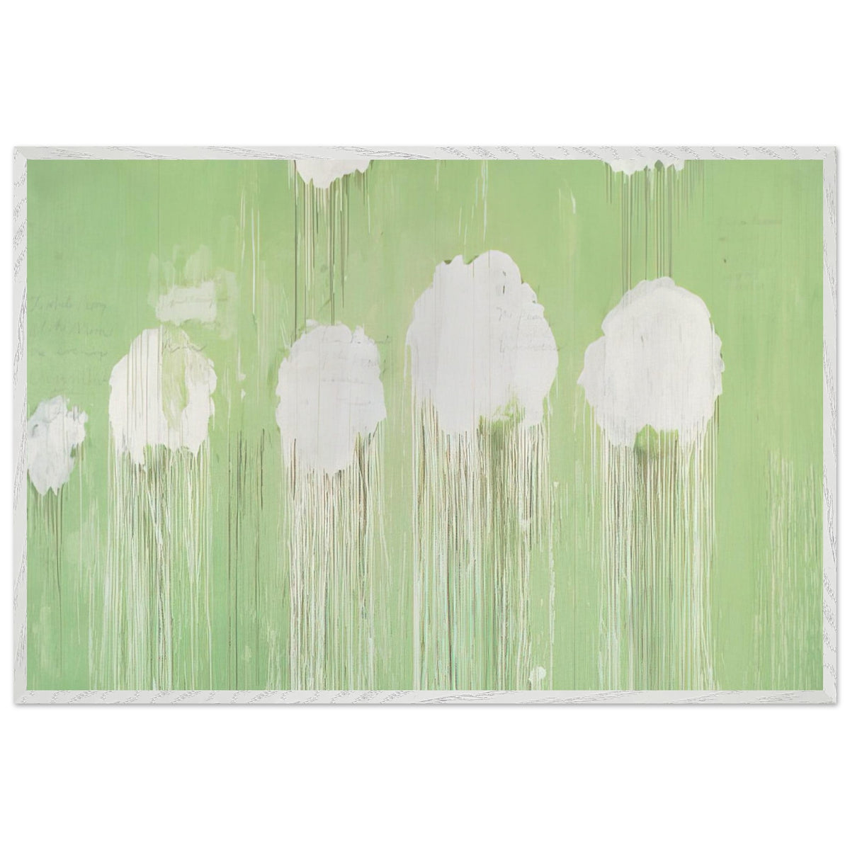 Untitled (Peony Blossom Painting) by Cy Twombly framed art print; featuring delicate white peony blossoms against a soft, luminous green background; size 800 × 1200 mm (32 × 48 in); wood frame.