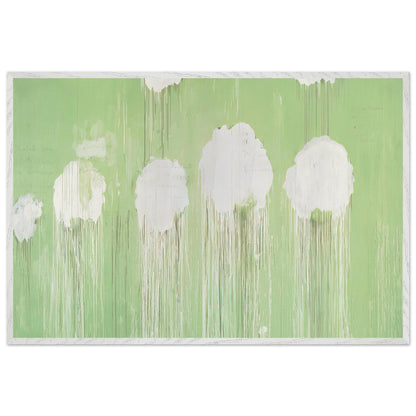 Untitled (Peony Blossom Painting) by Cy Twombly framed art print; featuring delicate white peony blossoms against a soft, luminous green background; size 800 × 1200 mm (32 × 48 in); wood frame.