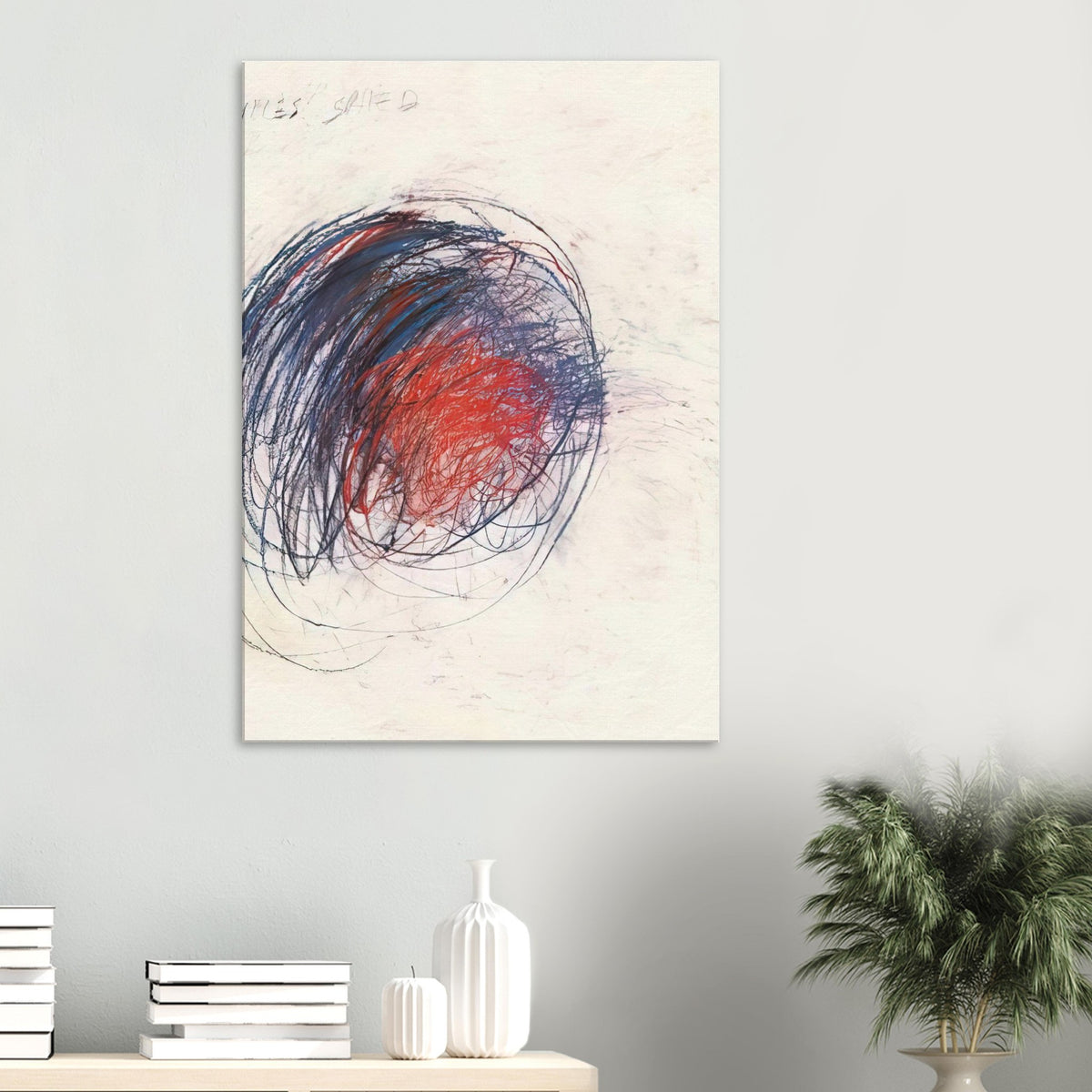 Fifty Days at Iliam: Shield of Achilles by Cy Twombly, canvas print; intricate black lines, expressive red strokes, deep blue accents