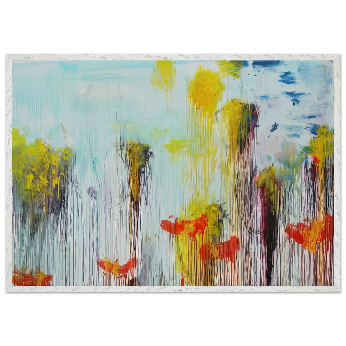 Lepanto, Part VII by Cy Twombly framed art print; featuring vibrant turquoise and aquamarine tones, vivid yellow brushstrokes, fiery orange and red accents; size 70 × 100 cm (28 × 40 in); black frame.
