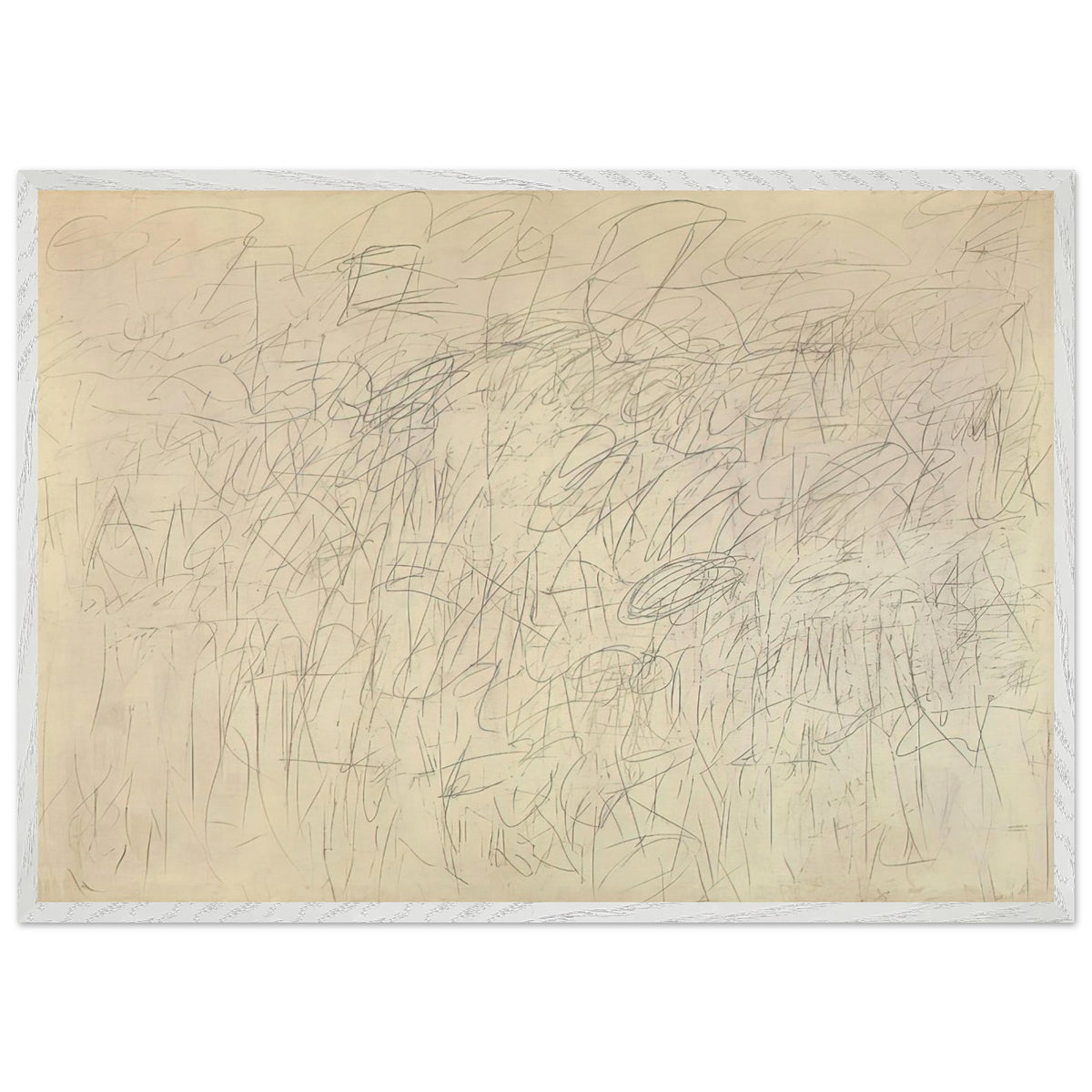 Academy by Cy Twombly framed art print; featuring an intricate network of delicate gray and black scribbles, overlapping lines, spontaneous gestures; size 70 × 100 cm (28 × 40 in); wood frame.