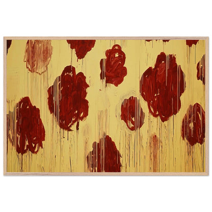 Untitled (Blooming, A Scattering of Blossoms & Other Things) by Cy Twombly framed art print; featuring vivid crimson-red and deep burgundy blossoms scattered across a luminous golden-yellow background; size 28 × 43 cm (11 × 17 in); black frame.