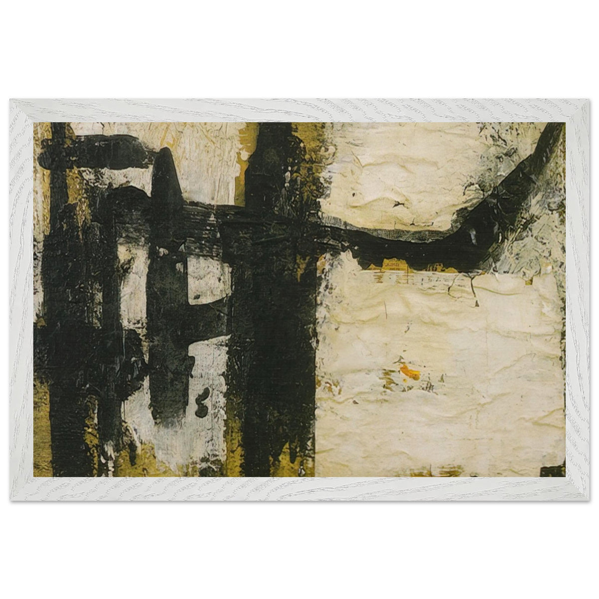 Landscape by Cy Twombly framed art print; featuring bold black and charcoal forms, textured ivory and cream surfaces, and subtle accents of ochre, olive green; size 800 × 1200 mm (32 × 48 in); black frame.
