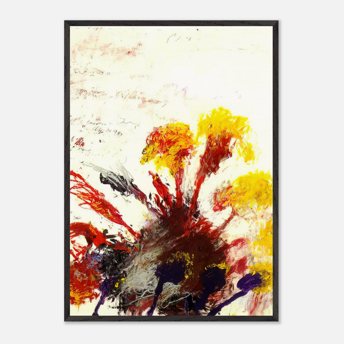 Summer Madness by Cy Twombly, framed art print, energetic red and crimson brushstrokes with bright yellow, orange