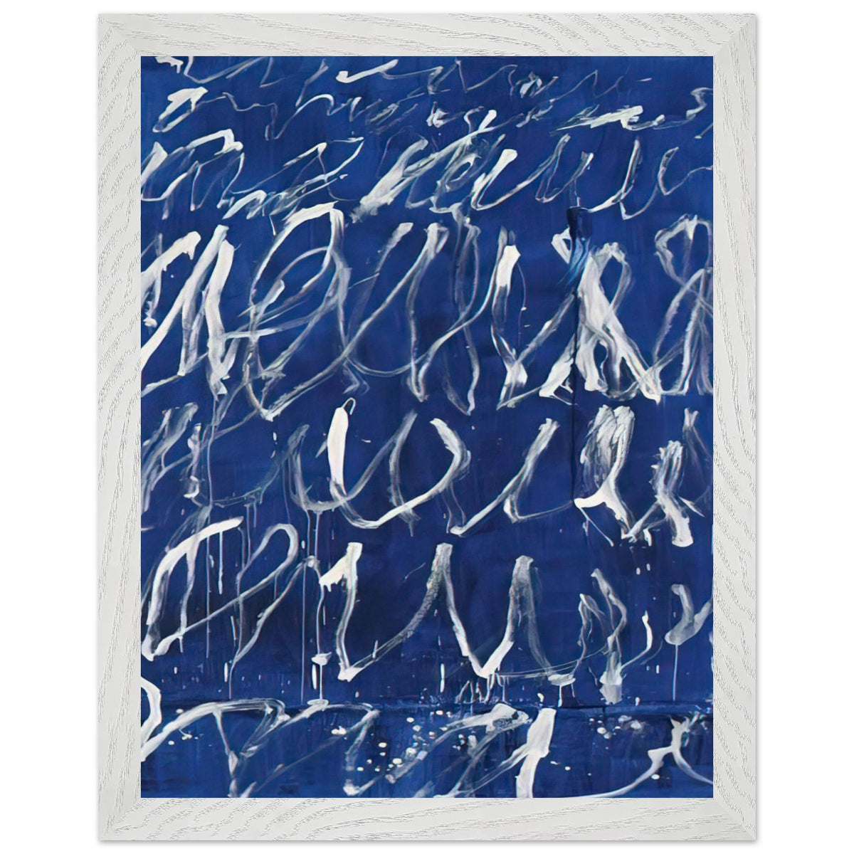 Untitled by Cy Twombly, framed art print, deep blue ground covered with energetic white brushstrokes, looping, 50x70 cm (20x28 in), white frame