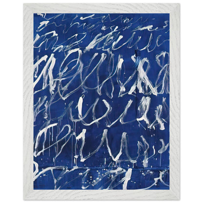Untitled by Cy Twombly, framed art print, deep blue ground covered with energetic white brushstrokes, looping, 50x70 cm (20x28 in), white frame