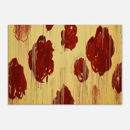 Untitled (Blooming, A Scattering of Blossoms & Other Things) by Cy Twombly canvas print: This striking composition features vivid red and burgundy forms scattered across a radiant golden-yellow….