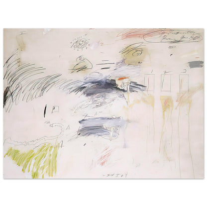Untitled (Rome, June 1960) by Cy Twombly poster, 50 × 70 cm / 20 × 28 in: This expressive composition features a warm off-white background scattered with spontaneous pencil-like….