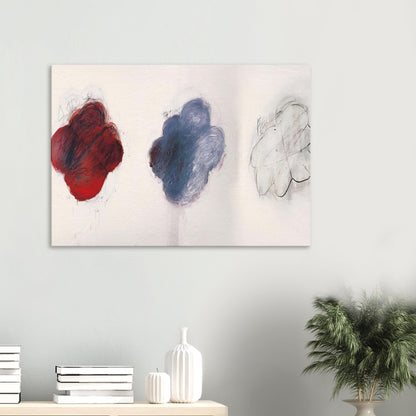 Fifty Days at Iliam: Shades of Achilles, Patroclus, and Hector by Cy Twombly canvas print: This striking composition features three cloud-like shapes arranged across a pale background: an intense….
