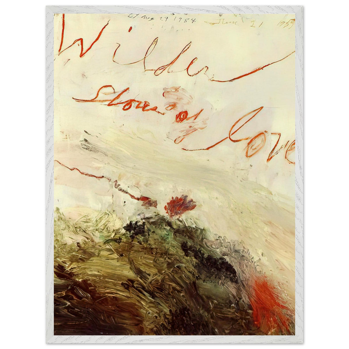 Wilder Shores of Love by Cy Twombly, framed art print, sweeping red and orange handwritten marks, subtle pencil lines, 27x35 cm (11x14 in), wood frame
