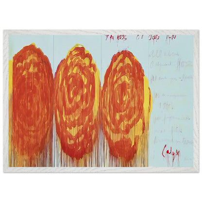 The Rose (II) by Cy Twombly framed art print; featuring three oversized rose-like forms in vibrant orange, fiery red; size 800 × 1200 mm (32 × 48 in); wood frame.