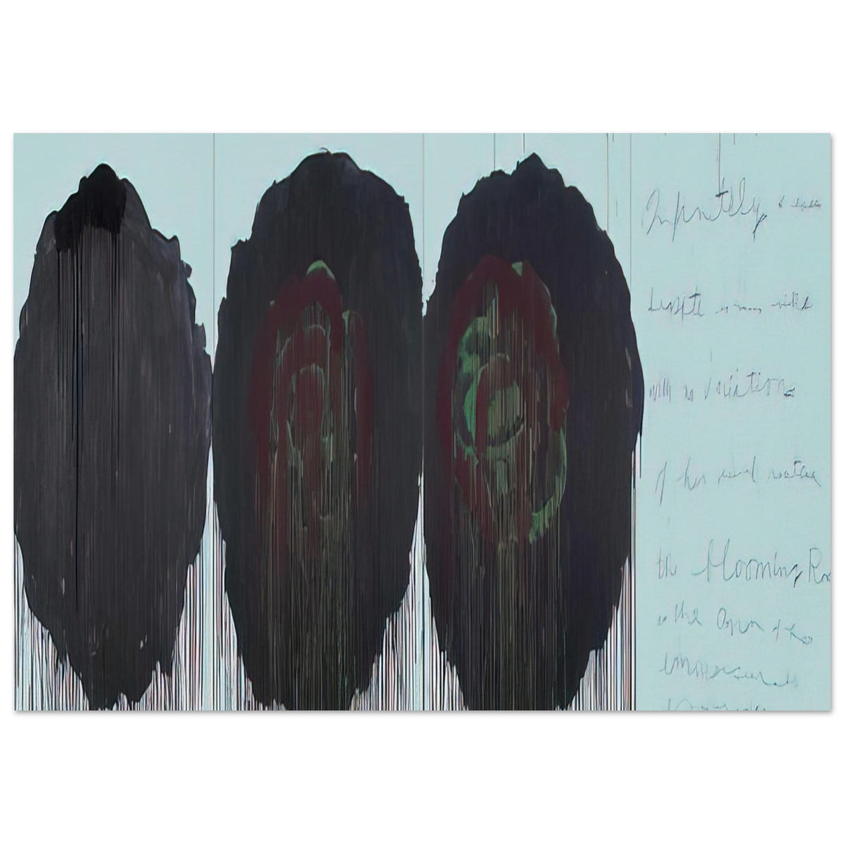 The Rose (V) by Cy Twombly poster, 50 × 70 cm / 20 × 28 in: This expressive composition features three large, rose-inspired forms dominated by deep black, burgundy….