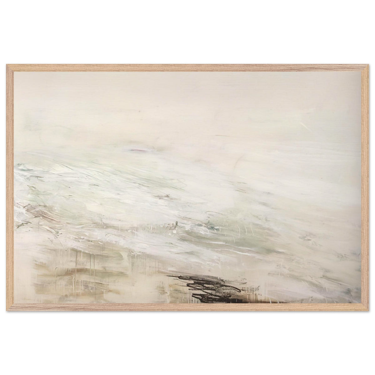 Hero and Leandro (A Painting in Four Parts) Part II by Cy Twombly framed art print; featuring expansive white and ivory tones, delicate gray marks, subtle beige and pale green hues; size 30 × 45 cm (12 × 18 in); wood frame.