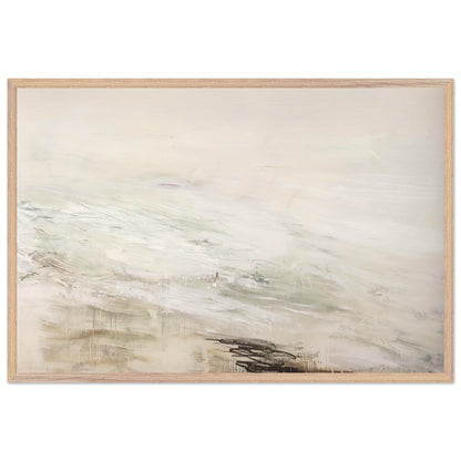 Hero and Leandro (A Painting in Four Parts) Part II by Cy Twombly framed art print; featuring expansive white and ivory tones, delicate gray marks, subtle beige and pale green hues; size 30 × 45 cm (12 × 18 in); wood frame.