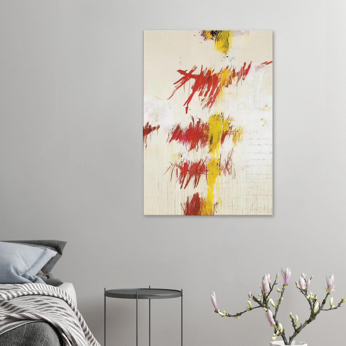 Quattro Stagioni II. Primavera by Cy Twombly, canvas print, bold red and crimson brushstrokes with luminous yellow marks, subtle