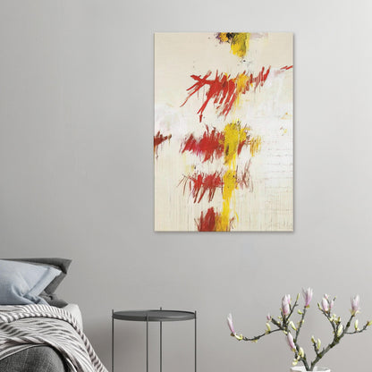 Quattro Stagioni II. Primavera by Cy Twombly, canvas print, bold red and crimson brushstrokes with luminous yellow marks, subtle