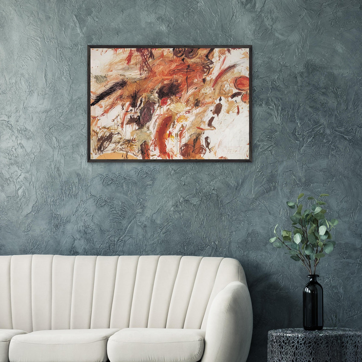 Ferragosto V by Cy Twombly framed art print; featuring energetic brushstrokes, layered pigments, and spontaneous gestures in shades of rust red, burnt orange.