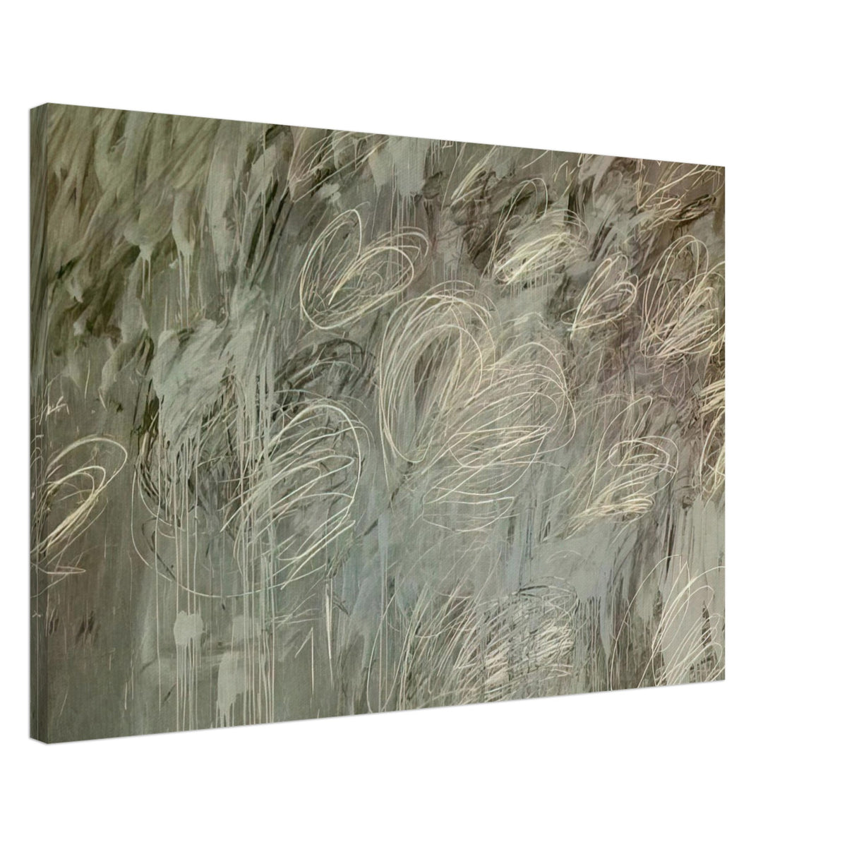 III Notes from Salalah (Note II) by Cy Twombly canvas print, 60 × 90 cm / 24 × 36 in: a layered gray-green background covered with sweeping ivory loops, delicate pale lines….