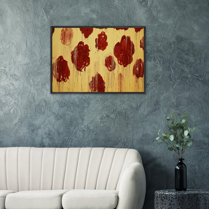 Untitled (Blooming, A Scattering of Blossoms & Other Things) by Cy Twombly framed art print; featuring vivid crimson-red and deep burgundy blossoms scattered across a luminous golden-yellow background.