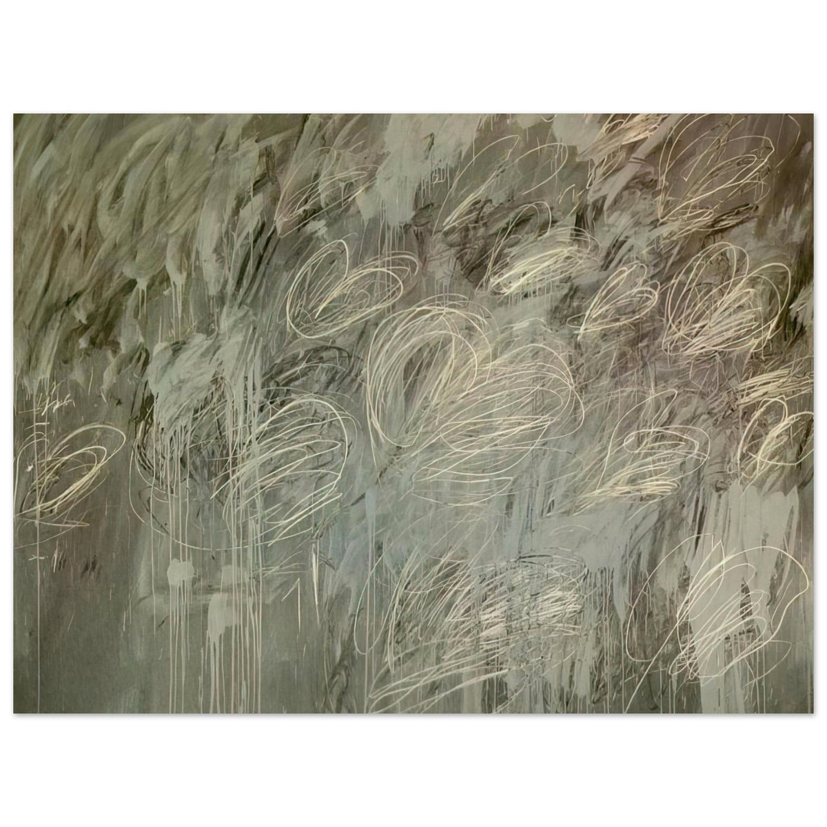 III Notes from Salalah (Note II) by Cy Twombly poster, 75 × 100 cm / 30 × 40 in: This expressive composition features a layered gray-green background covered with delicate ivory and pale….