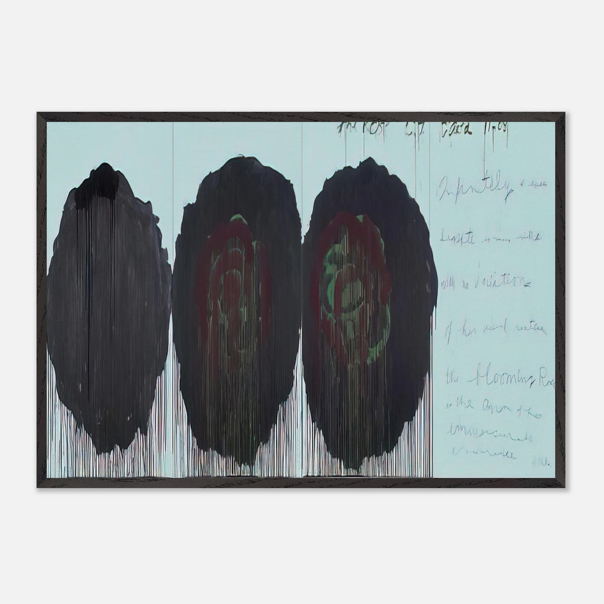 The Rose (V) by Cy Twombly framed art print; featuring three monumental rose forms in deep black, charcoal, burgundy, and dark crimson.