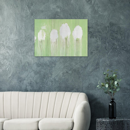 Untitled (Peony Blossom Painting) by Cy Twombly canvas print: soft white, cloud-like blossom forms against a pale green background.