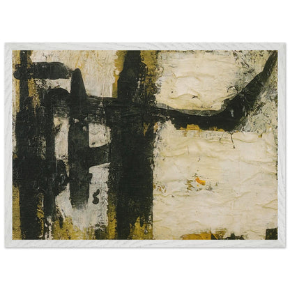 Landscape by Cy Twombly framed art print; featuring bold black and charcoal forms, textured ivory and cream surfaces, and subtle accents of ochre, olive green; size 50 × 70 cm (20 × 28 in); black frame.