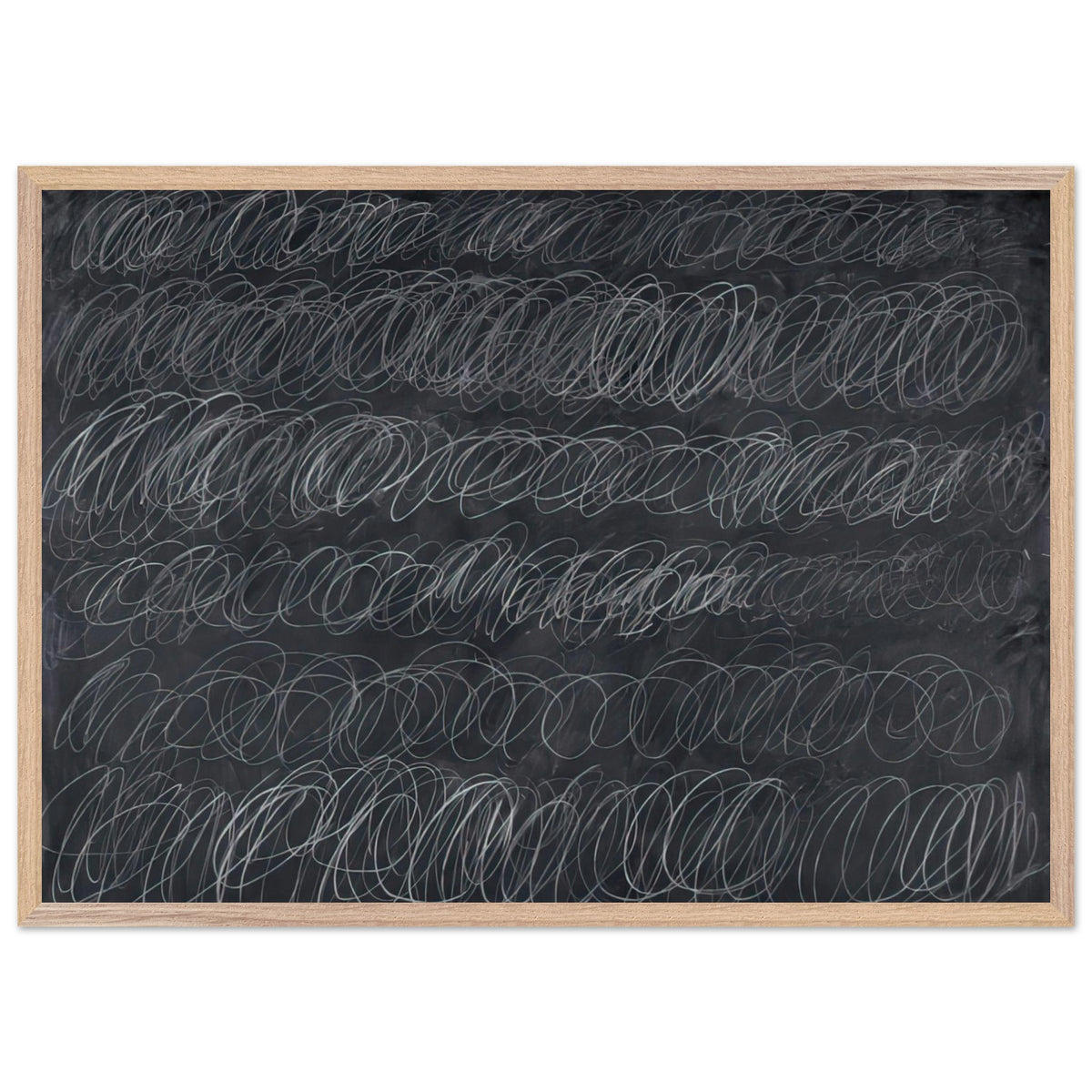Cold Stream by Cy Twombly framed art print; featuring dense, repeating white and gray scribbled lines arranged in horizontal rows across a deep charcoal-gray; size 60 × 90 cm (24 × 36 in); wood frame.