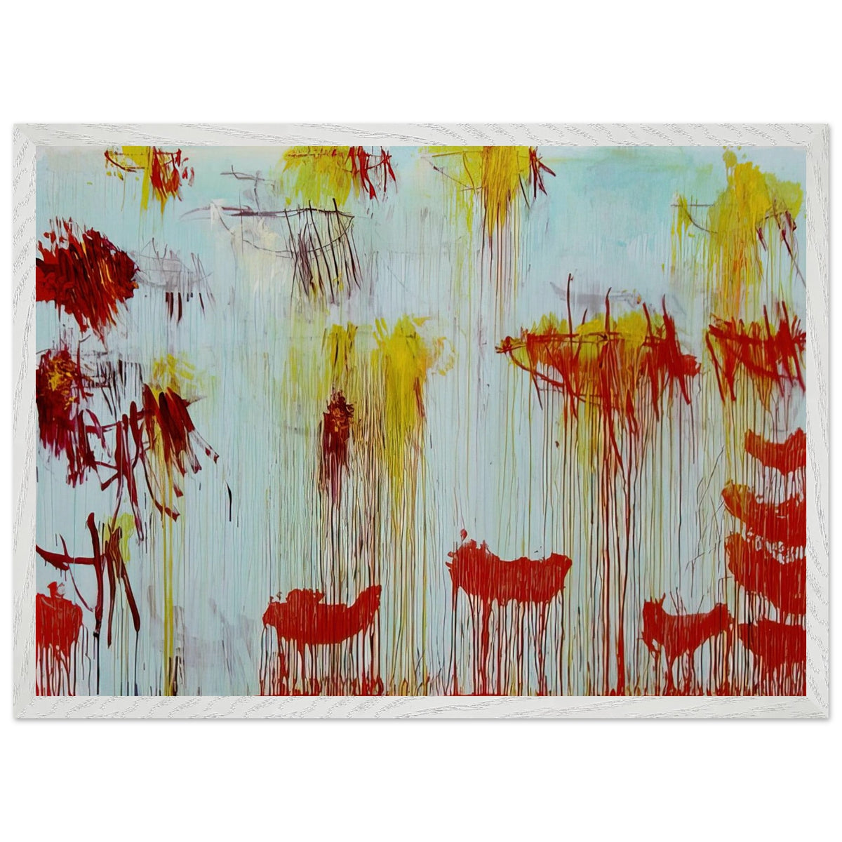 Lepanto, Part XI by Cy Twombly framed art print; featuring a luminous turquoise and pale blue background with vibrant golden-yellow brushstrokes; size 30 × 45 cm (12 × 18 in); white frame.