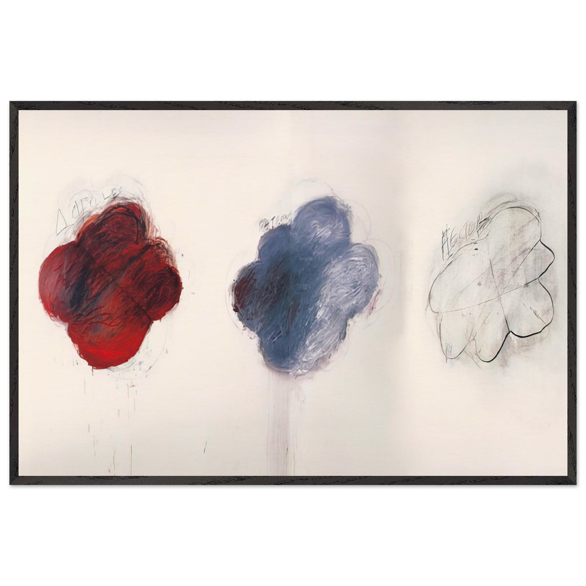 Fifty Days at Iliam: Shades of Achilles, Patroclus, and Hector by Cy Twombly framed art print; featuring three large, cloud-like forms arranged horizontally against a luminous ivory background; size 28 × 43 cm (11 × 17 in); black frame.