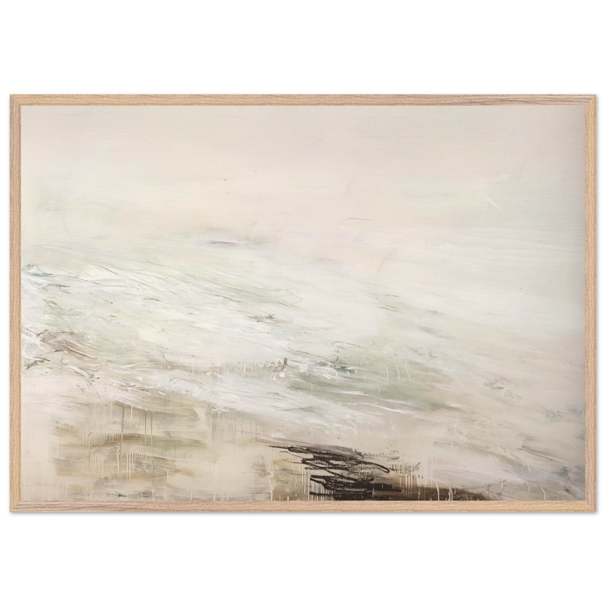Hero and Leandro (A Painting in Four Parts) Part II by Cy Twombly framed art print; featuring expansive white and ivory tones, delicate gray marks, subtle beige and pale green hues; size 28 × 43 cm (11 × 17 in); wood frame.