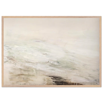 Hero and Leandro (A Painting in Four Parts) Part II by Cy Twombly framed art print; featuring expansive white and ivory tones, delicate gray marks, subtle beige and pale green hues; size 28 × 43 cm (11 × 17 in); wood frame.