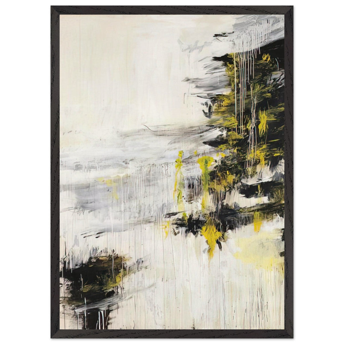 Quattro Stagioni II. Inverno by Cy Twombly, framed art print, bold black brushstrokes, flowing white and gray paint, 50x70 cm (20x28 in), black frame