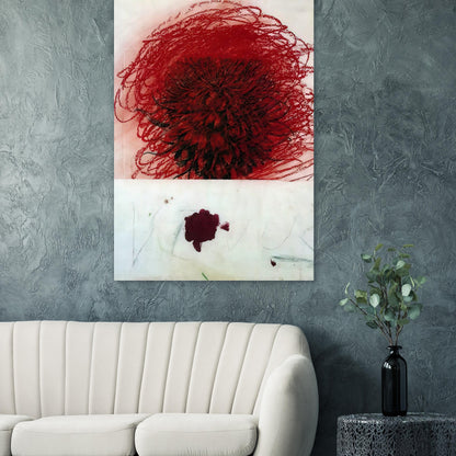 Pan II by Cy Twombly, poster, intense red composition with dense dark brushstrokes and swirling