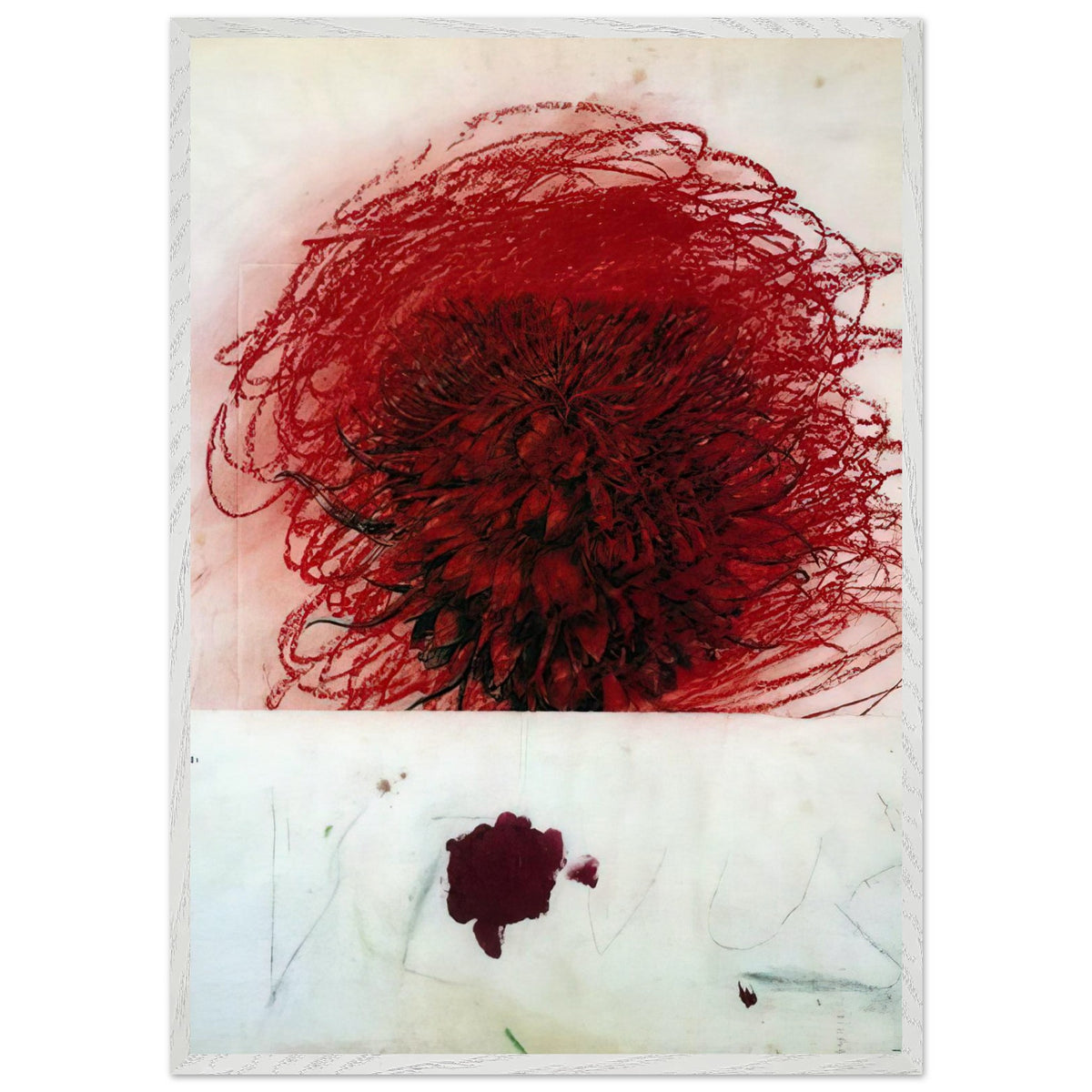 Pan II by Cy Twombly, framed art print, dense red and crimson form, surrounded by sweeping dark strokes and, 70x100 cm (28x40 in), wood frame