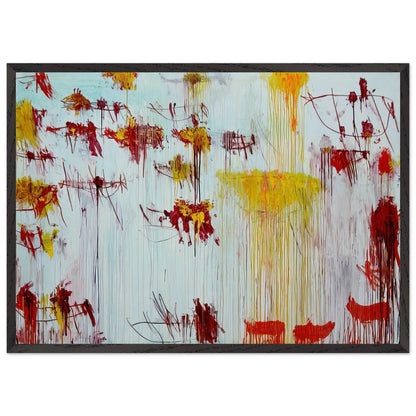 Lepanto, Part X by Cy Twombly framed art print; featuring a luminous pale blue and turquoise background, vivid golden-yellow brushstrokes; size 70 × 100 cm (28 × 40 in); white frame.