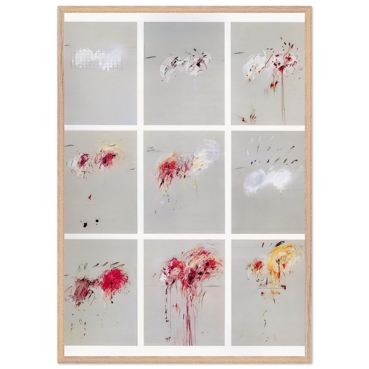 Nine Discourses on Commodus by Cy Twombly, framed art print, nine individual panels distinguished by muted gray backgrounds, 70x100 cm (28x40 in), black frame